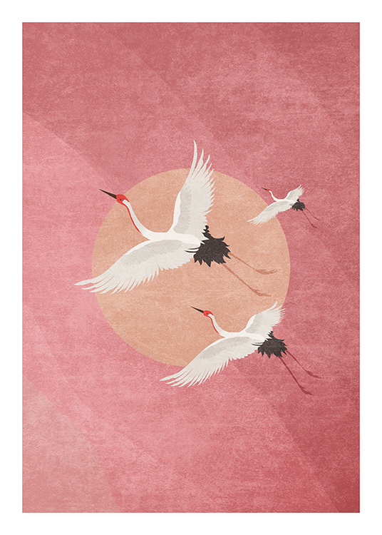  – Ilustración de diseño gráfico con una bandada de grullas volando, fondo rosa y un círculo de color melocotón claro