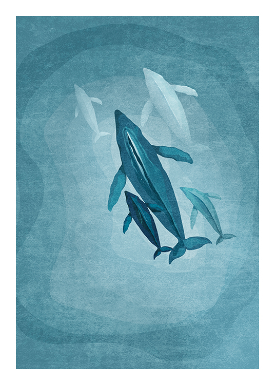  – Ilustración de diseño gráfico con una manada de ballenas nadando en el mar