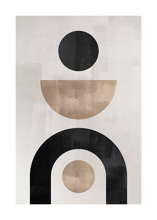  – Ilustración de diseño gráfico con figuras geométricas en color beis y negro, fondo beis grisáceo