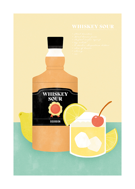  – Ilustración de diseño gráfico con una botella y un vaso de Whiskey Sour con limones y una cereza