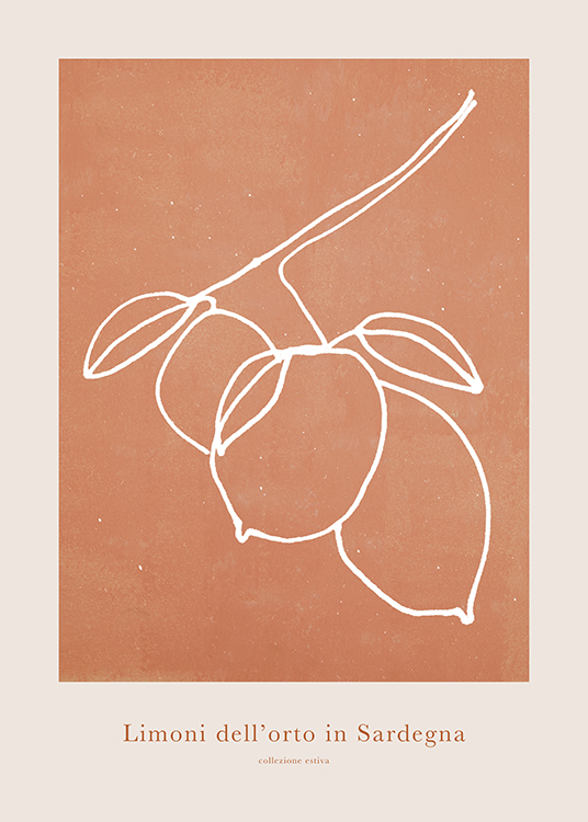  – Ilustración con una rama y limones blancos sobre un fondo color naranja y beis claro con texto debajo