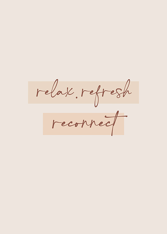  – La frase «Relax. Refresh. Reconnect» escrita en letras cursivas sobre un fondo beis grisáceo claro