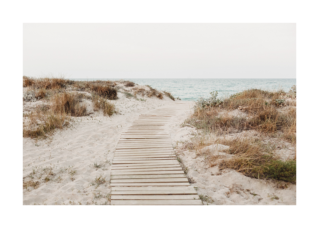  – Fotografía con un paisaje de dunas y pasto en la playa con un camino de madera que conduce al mar que se puede ver al fondo de la imagen