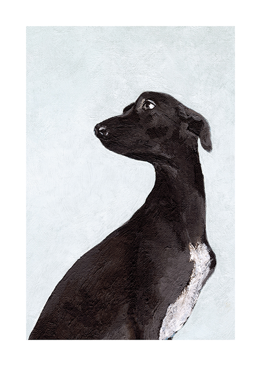  – Pintura con el dibujo de un perro negro hecho a mano sobre un fondo celeste grisáceo