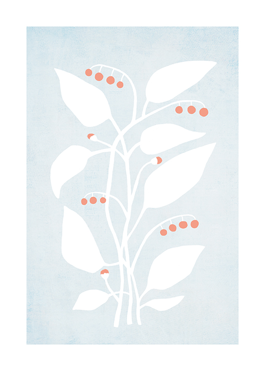  – Ilustración con hojas blancas, frutos del bosque de color rojo y fondo celeste