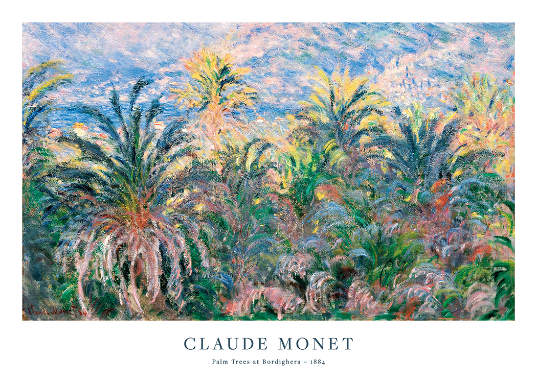  – Pintura de Monet con palmeras abstractas y coloridas y cielo azul y rosa de fondo
