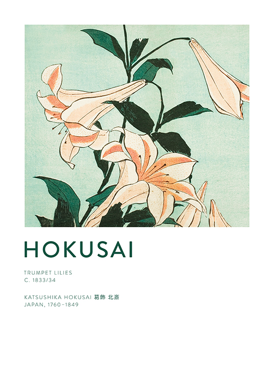  – Grabado de Hokusai con lirios, hojas verdes y fondo verde claro