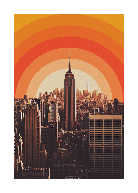  – Fotografía de edificios en la ciudad de Nueva York y un atardecer abstracto de diseño gráfico al fondo de la imagen