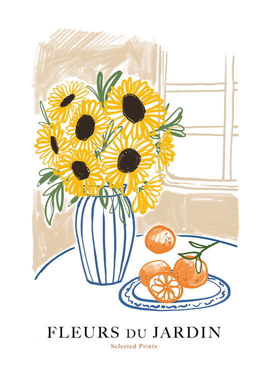  – Ilustración con un florero con girasoles, naranjas al lado y texto debajo