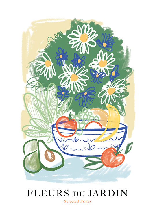  – Ilustración con un ramo de flores y frutas y verduras en un cuenco