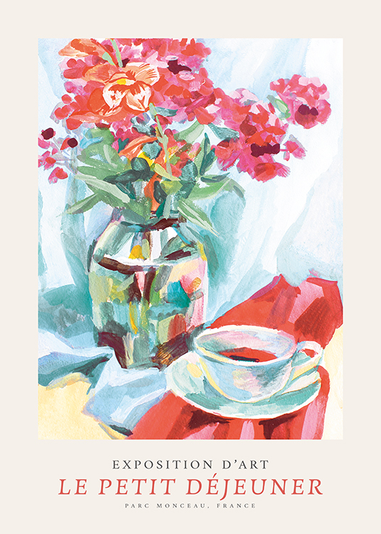 – Pintura con una taza de café al lado de un florero con un ramo de flores rosas y rojas