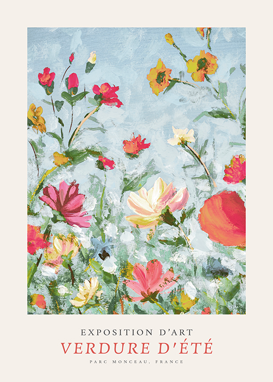  – Cuadro con flores en amarillo, rosa y rojo y fondo azul