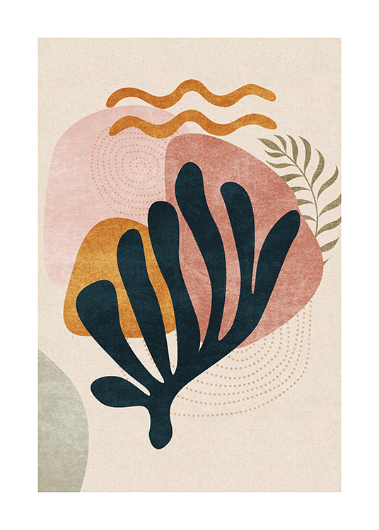  – Ilustración abstracta con un coral negro y figuras de diferentes colores detrás