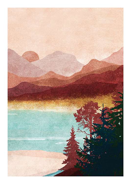  – Ilustración con un paisaje montañoso en tonos de rosa y rojo, un lago y árboles eal frente