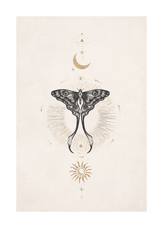  – Póster con un motivo en simetría que tiene una luna, un sol y una mariposa