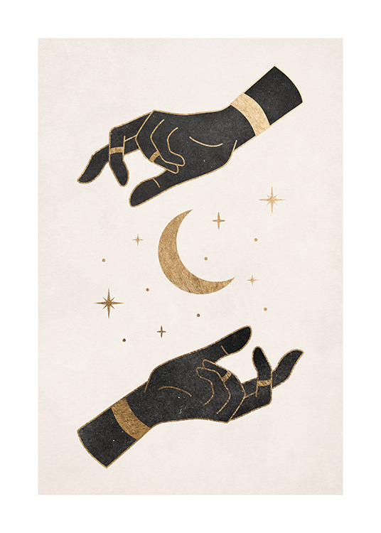  – Póster con dos manos y una luna creciente en el centro