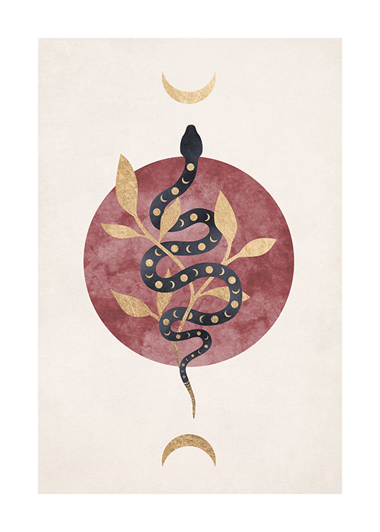  – Póster con una serpiente en el centro y dos lunas crecientes