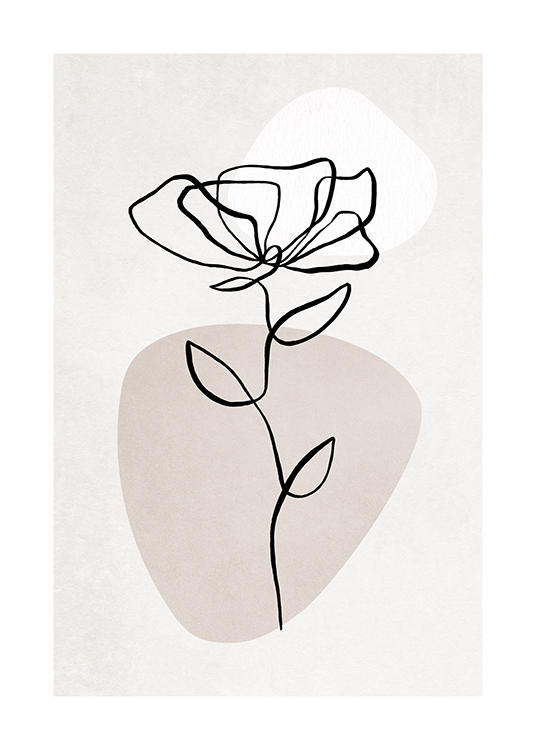  – Ilustración en arte de línea con una flor negra, dos figuras en blanco y beis y fondo gris claro