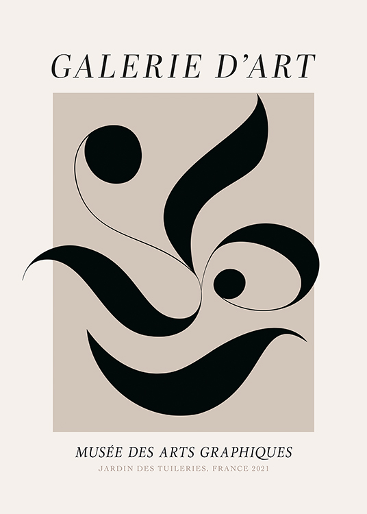  – Ilustración de diseño gráfico con un cuadrado beis con figuras abstractas en negro y fondo claro con texto en letras negras
