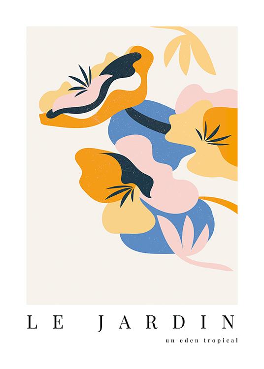  – Ilustración abstracta con flores en tonos rosas, naranjas, azules y amarillos y fondo beis claro