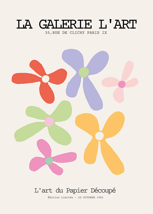  – Ilustración de diseño gráfico con fondo beis claro y flores de vivos colores