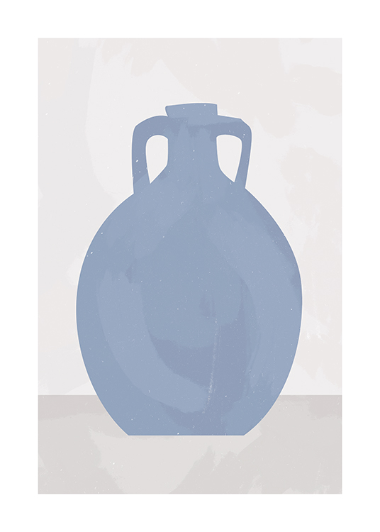 – Ilustración hecha a mano de un florero de cerámica en color azul con asas, fondo beis