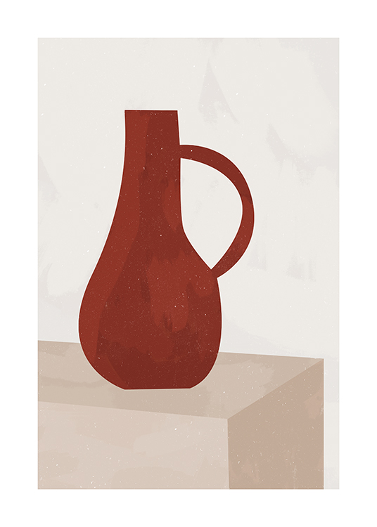  – Ilustración hecha a mano de un florero rojo de cerámica y fondo beis