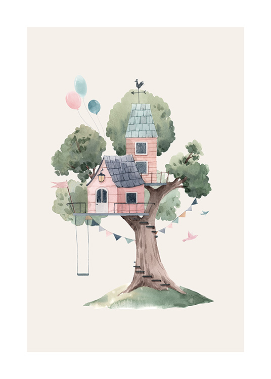  – Ilustración de fondo claro con una casa en el árbol, globos y un columpio en un árbol verde