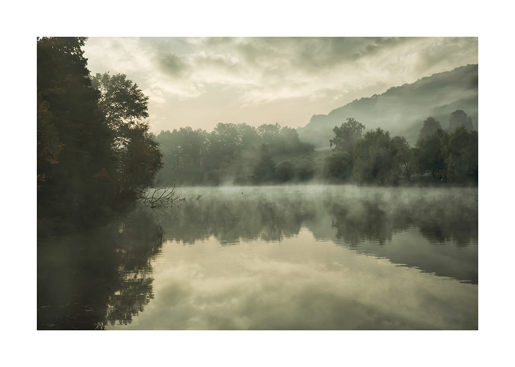  – Fotografía de un lago sereno con neblina y un bosque detrás