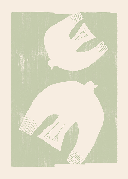  – Ilustración con pájaros abstractos en beis claro y fondo verde con textura