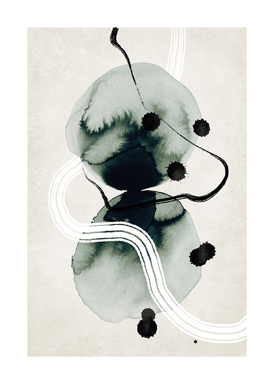  – Ilustración con fondo beis, círculos abstractos hechos con tinta y un remolino blanco