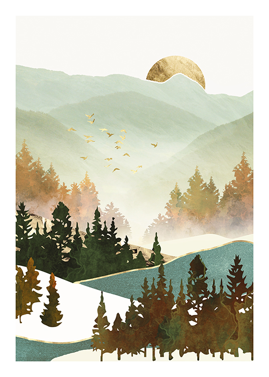 – Ilustración de diseño gráfico con un paisaje verde y dorado, y pájaros y un sol dorados