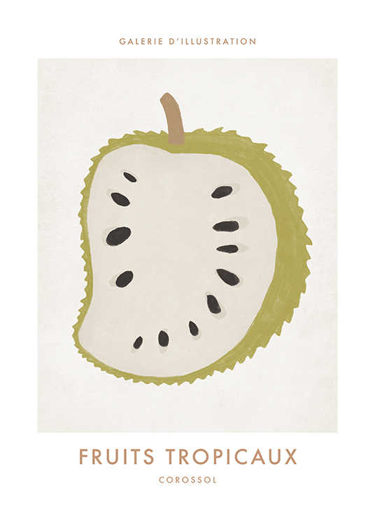  – Ilustración con un fruto del guanábano de cáscara amarilla, fondo claro y texto en la parte superior e inferior del motivo.