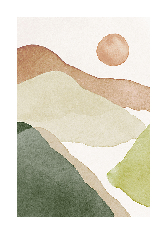  – Ilustración de un paisaje montañoso en tonos de beis y verde realizado en acuarela