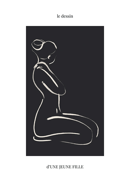  – Ilustración en arte de línea con fondo claro y un rectángulo negro con una mujer desnuda sentada en sus rodillas