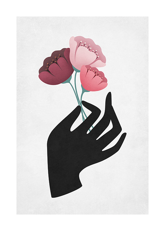  – Ilustración con tres flores rosas en una mano negra y fondo gris claro