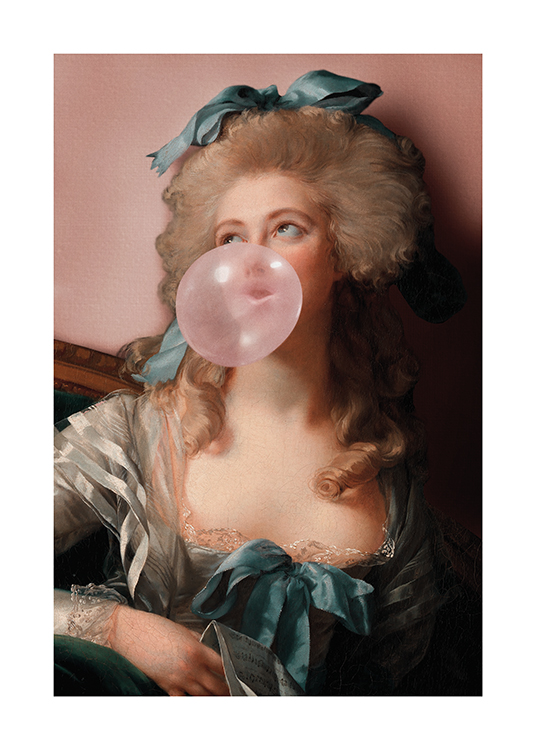  – Retrato de una mujer con moño en la cabeza y un globo de chicle rosa en la boca