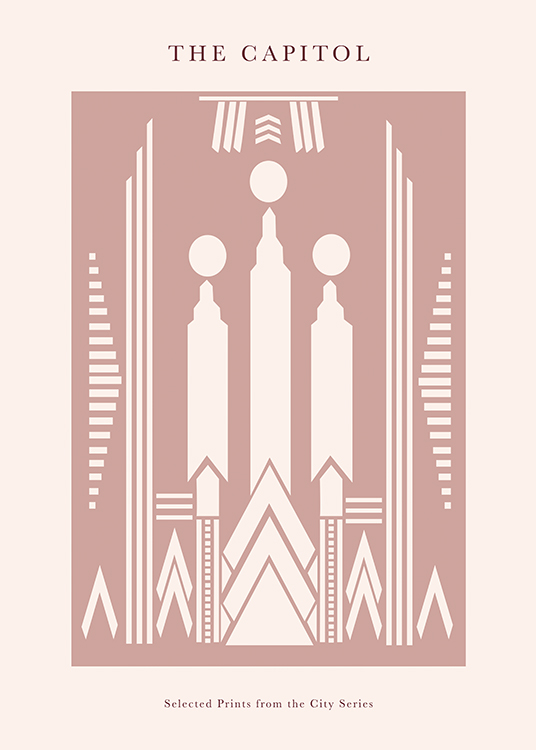  – Ilustración de diseño gráfico con rascacielos en beis claro y un fondo rosado y beis claro