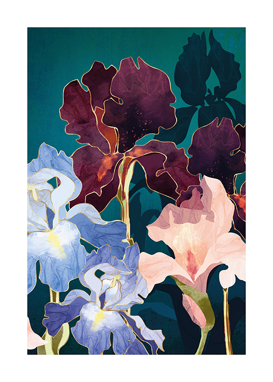 – Ilustración con flores de color azul, rosa y violeta oscuro y fondo azul verdoso