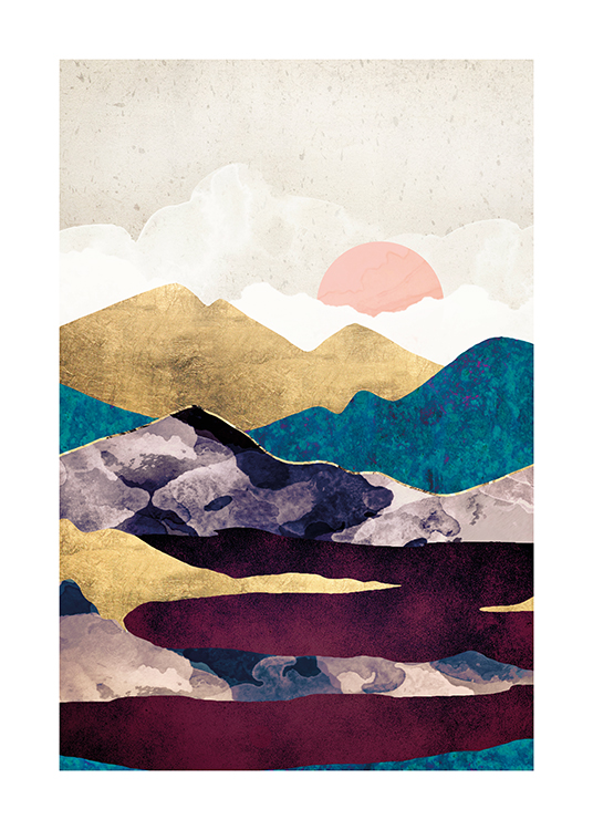 – Ilustración con montañas doradas y azules detrás de un lago color burdeos y cielo beis de fondo