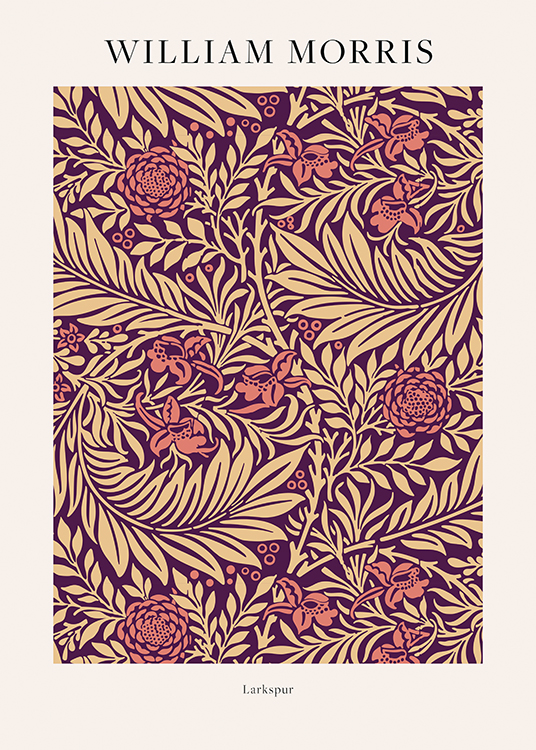 – Ilustración con flores rosas y hojas beis sobre un fondo violeta oscuro