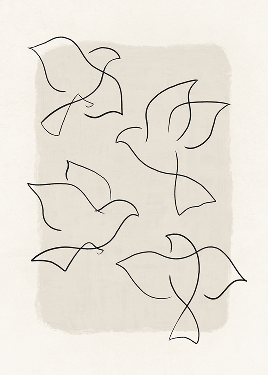  – Ilustración en arte de línea con aves negras y fondo beis con textura