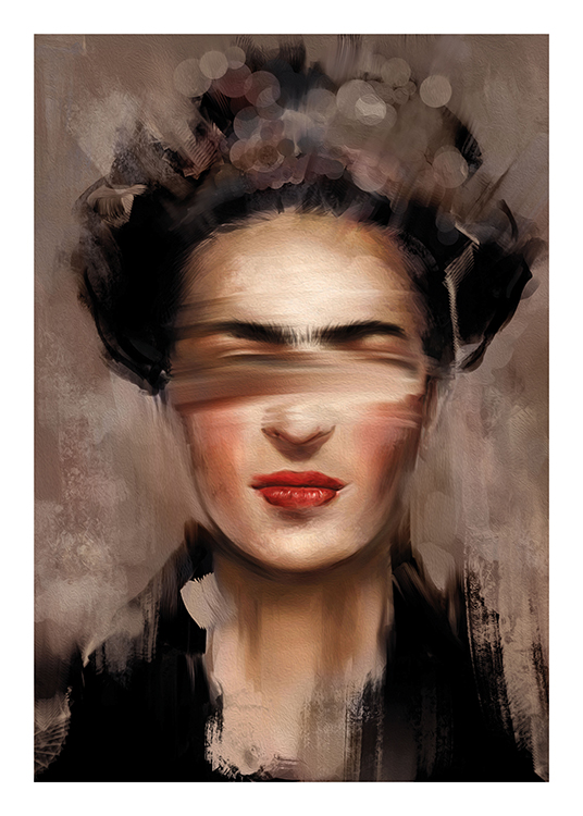  – Pintura con el retrato abstracto de Frida Kahlo con los labios rojos y fondo beis y marrón