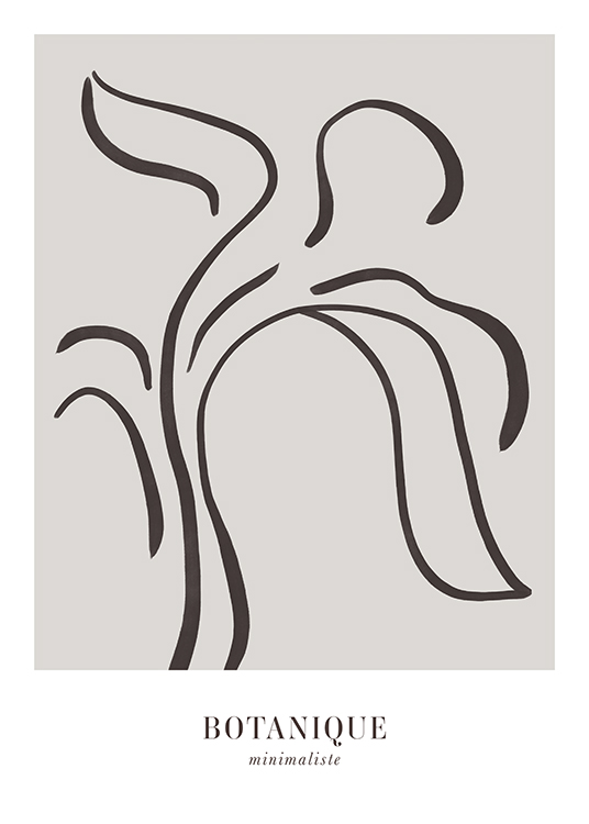  – Ilustración en arte de línea con una flor abstracta en gris oscuro y fondo gris