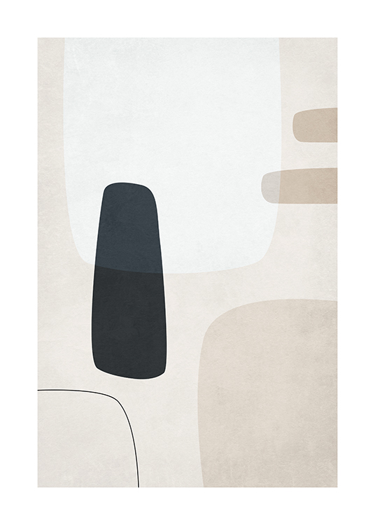  – Ilustración de diseño gráfico con figuras abstractas en beis, gris claro y negro y fondo beis claro