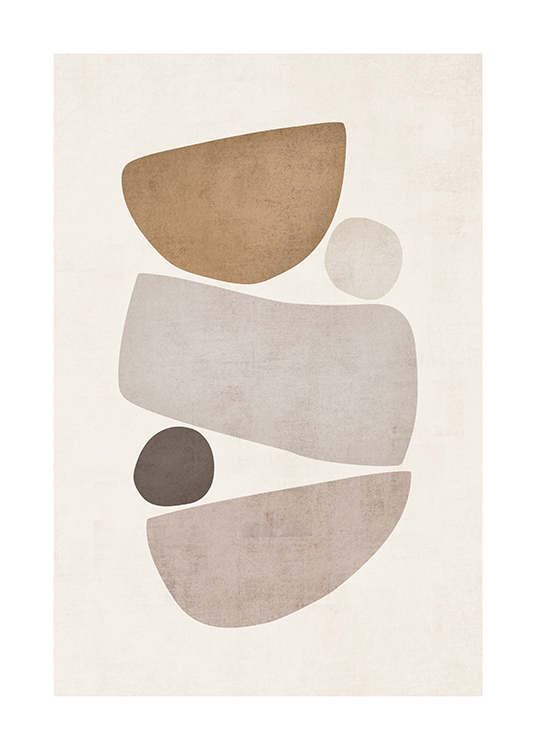  – Ilustración con figuras abstractas y de estructura irregular en beis y gris, fondo beis claro