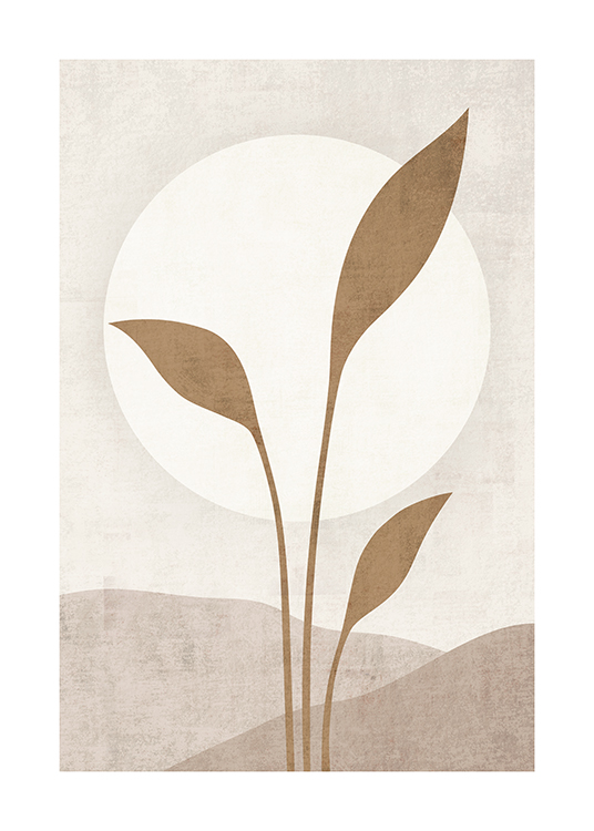  – Ilustración con un sol blanco detrás de unas hojas beis y fondo beis