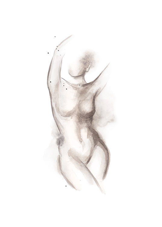  – Esbozo de un cuerpo desnudo de mujer con los brazos en alto y fondo blanco