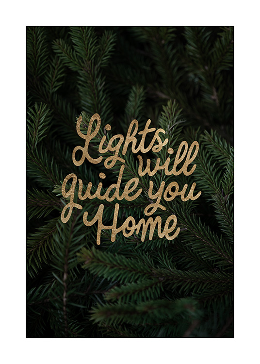 – Fotografía de las ramas de un árbol de Navidad con una cita en dorado que dice: «Lights will guide you Home»