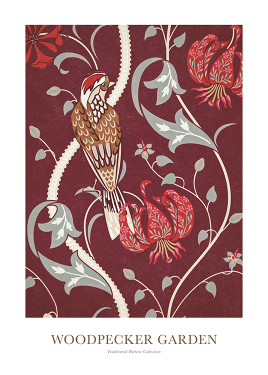 – Ilustración con un pajarito, un patrón rojo y gris con flores y fondo de color rojo